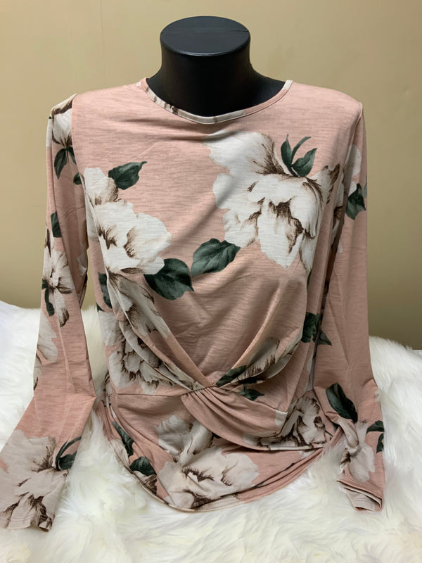 Pink Floral Tie-Front Long Sleeve