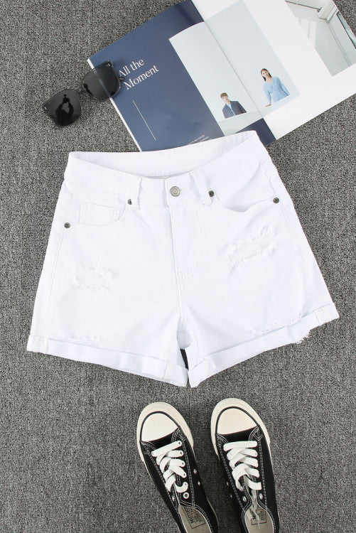 White Rolled-up High Waist Distressed Denim Shorts