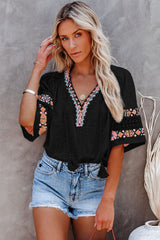 Black tassel Drawstring Embroidered V Neck Top