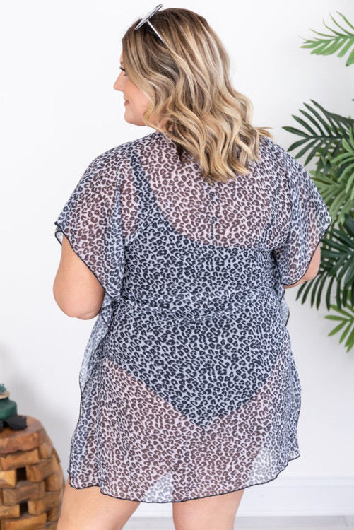 Gray Leopard Print Plus Size Kimono/Cover Up