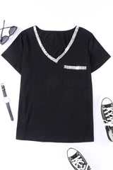 Black Sequin Trim V-Neck Plus Size Tee