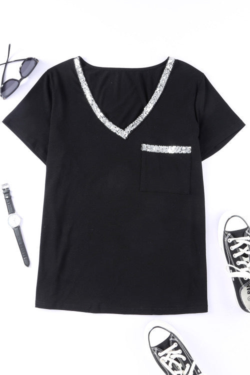 Black Sequin Trim V-Neck Plus Size Tee