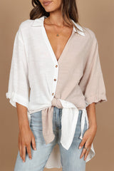Two Tone V Neck Collared Colorblock Shirt