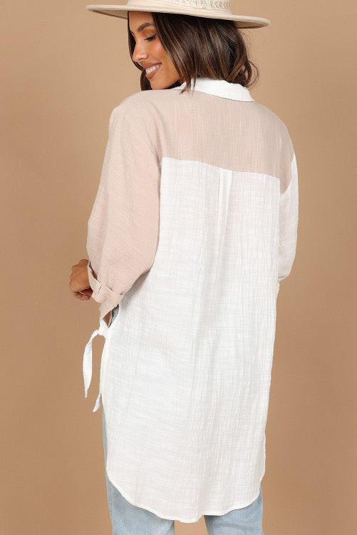 Two Tone V Neck Collared Colorblock Shirt