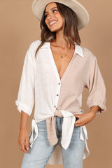 Two Tone V Neck Collared Colorblock Shirt