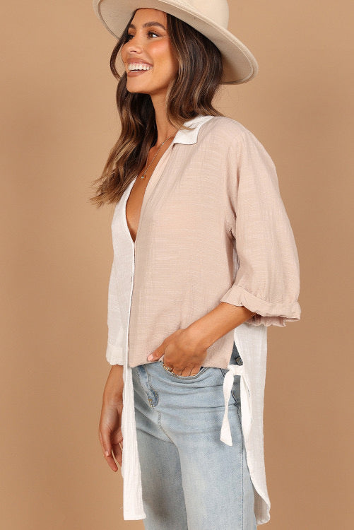 Two Tone V Neck Collared Colorblock Shirt