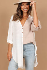 Two Tone V Neck Collared Colorblock Shirt