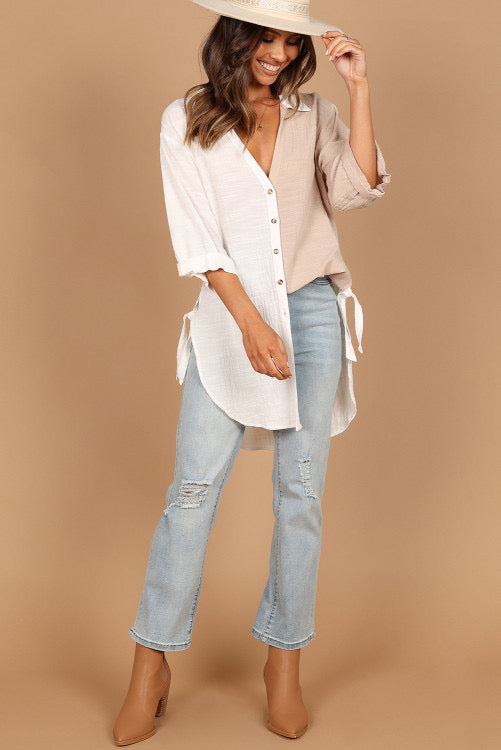 Two Tone V Neck Collared Colorblock Shirt