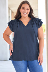Blue Tiered Ruffled Sleeve V Neck Plus Size Blouse