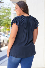Blue Tiered Ruffled Sleeve V Neck Plus Size Blouse