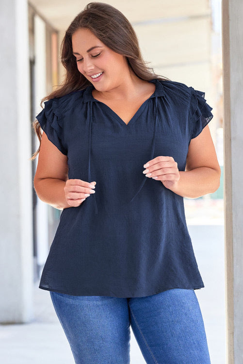 Blue Tiered Ruffled Sleeve V Neck Plus Size Blouse
