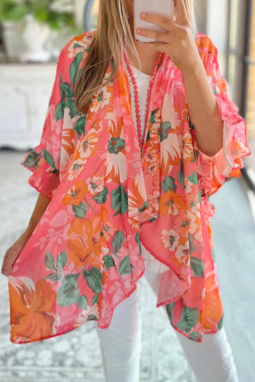 Pink Floral Print 3/4 Sleeve Kimono