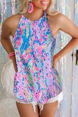 Blue Multicolor Print Sleeveless Tank Top