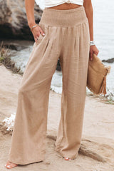 Khaki Smocked Wide Waistband Pants