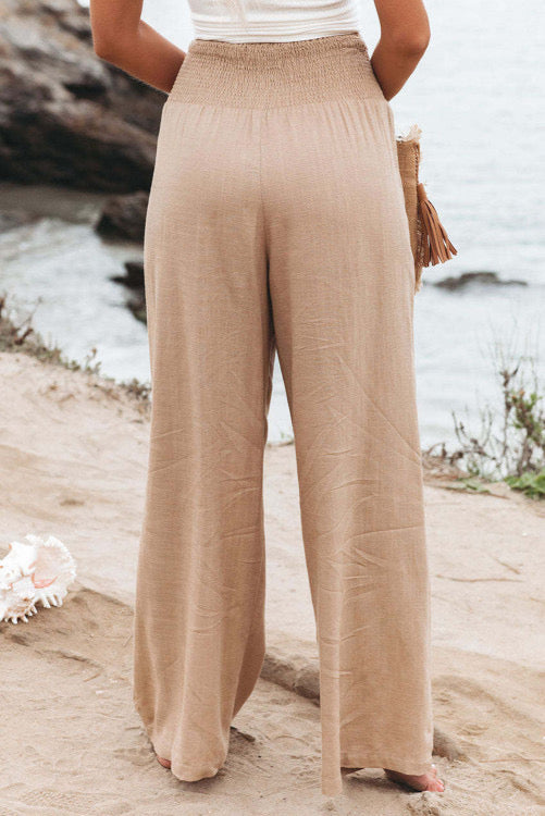 Khaki Smocked Wide Waistband Pants