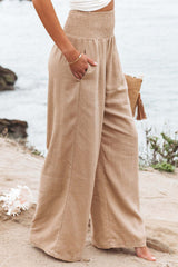 Khaki Smocked Wide Waistband Pants
