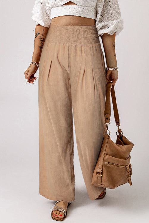 Khaki Smocked Wide Waistband Pants