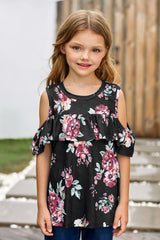 Black Ruffled Cold Shoulder Floral Girls Top
