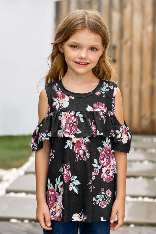 Black Ruffled Cold Shoulder Floral Girls Top