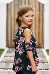 Black Ruffled Cold Shoulder Floral Girls Top