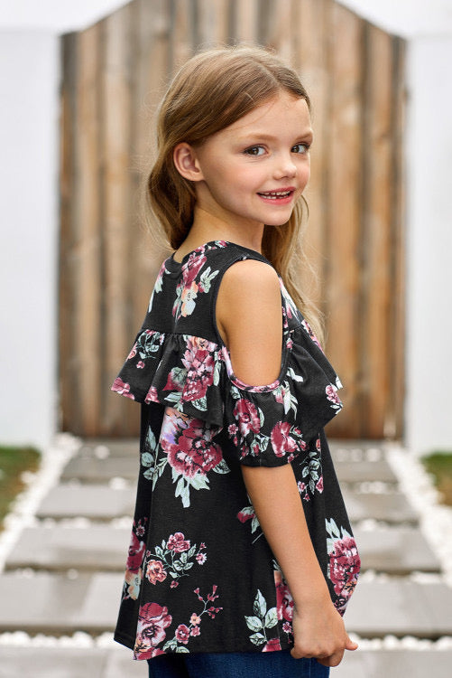 Black Ruffled Cold Shoulder Floral Girls Top