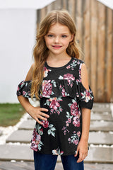 Black Ruffled Cold Shoulder Floral Girls Top