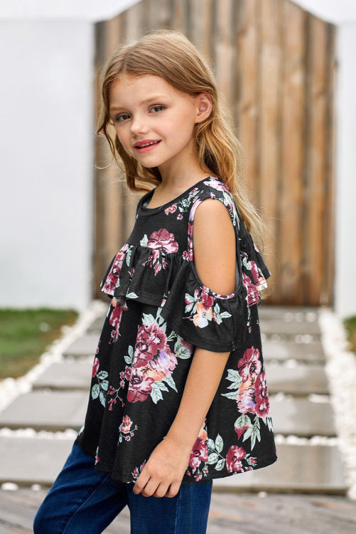 Black Ruffled Cold Shoulder Floral Girls Top