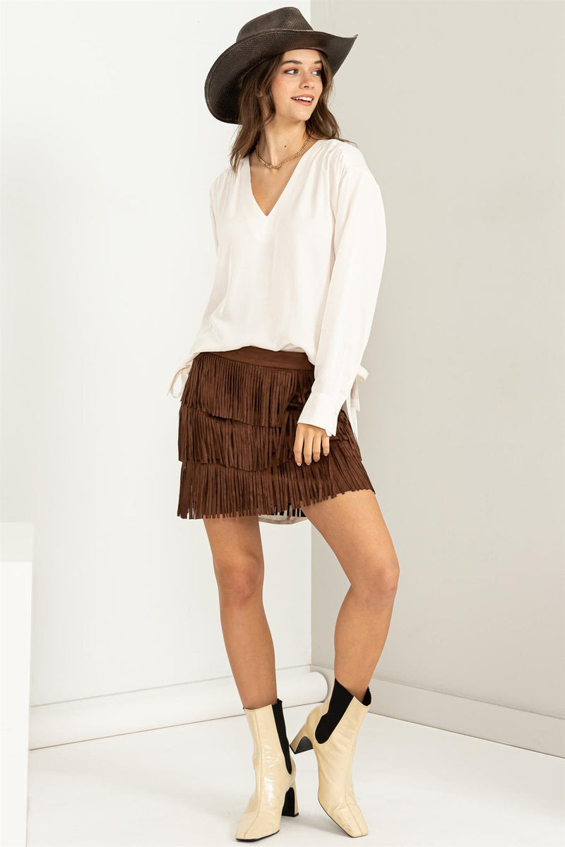 TEMPT ME FAUX SUEDE FRINGE HIGH WAIST MINI SKIRT