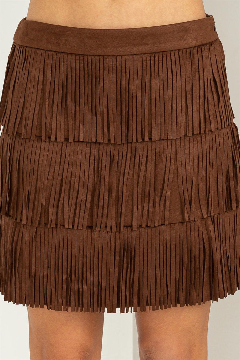 TEMPT ME FAUX SUEDE FRINGE HIGH WAIST MINI SKIRT
