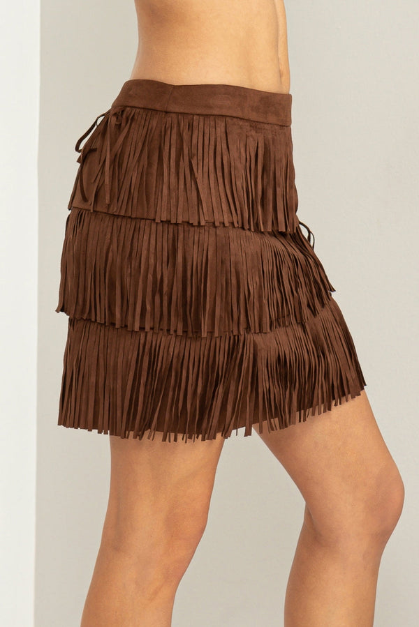 TEMPT ME FAUX SUEDE FRINGE HIGH WAIST MINI SKIRT