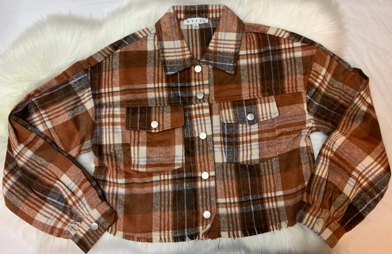 Rust Plaid Jacket with Fringe Hem