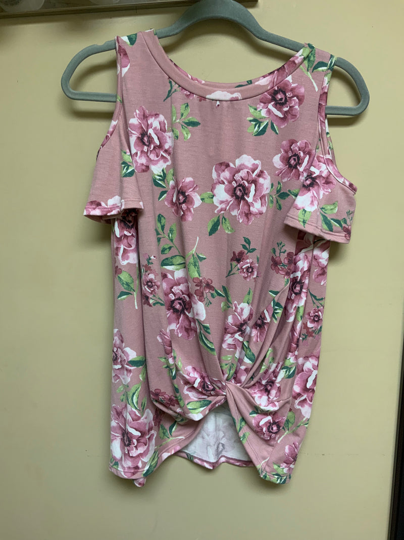 Pink Floral Print Shoulder Cut-Out Short Sleeve Shirt