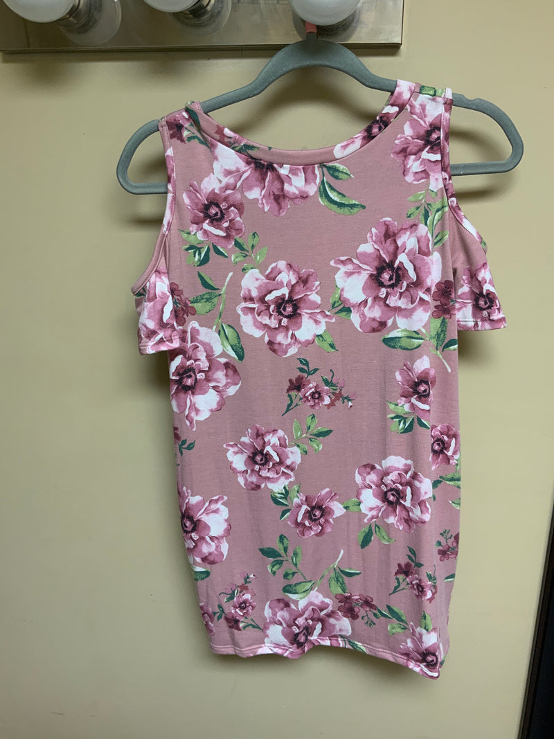 Pink Floral Print Shoulder Cut-Out Short Sleeve Shirt