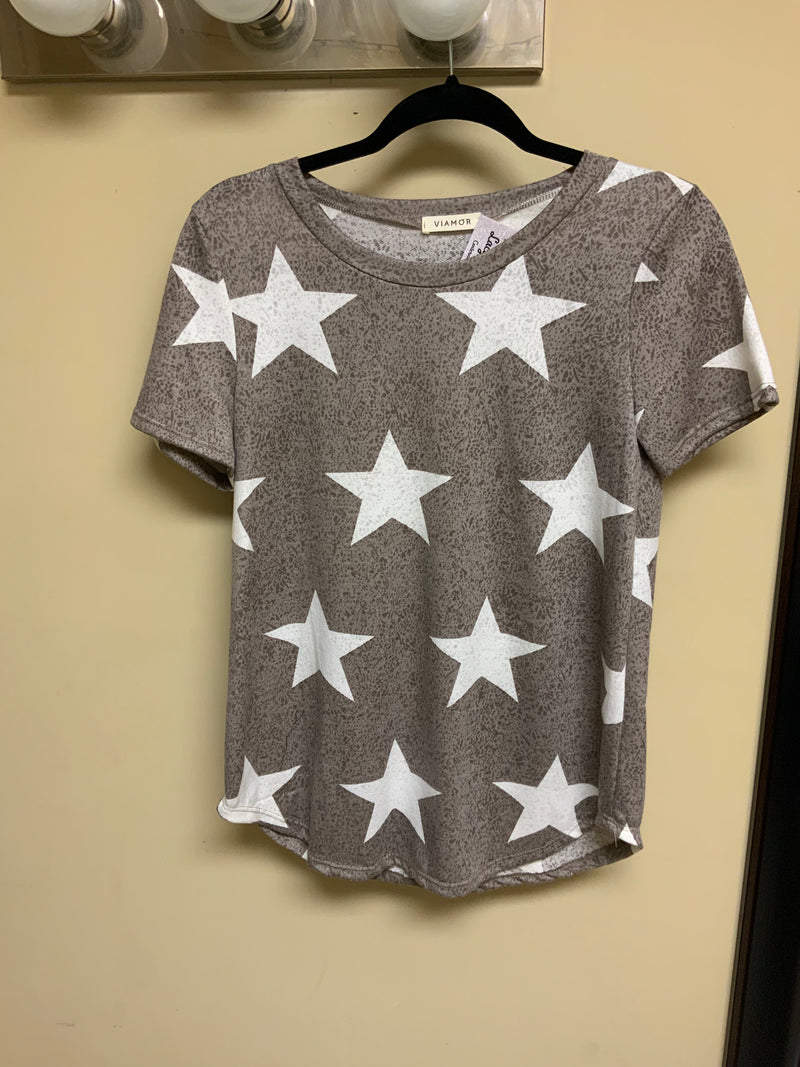 Brown Short Sleeve Shirt with White Stars