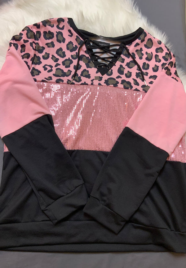 Long sleeve pink and black leopard top