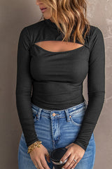 Black Cutout Mock Neck Ribbed Knit Top