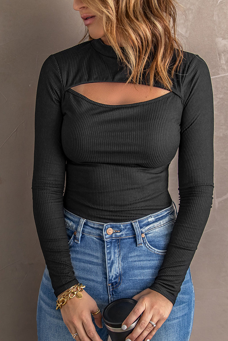 Black Cutout Mock Neck Ribbed Knit Top