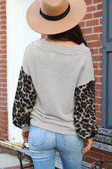 Red Wild Leopard Contrast Sleeve Colorblock Waffle Knit Top