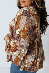 Apricot Turn-Down Neck Mixed Print Plus Size Top