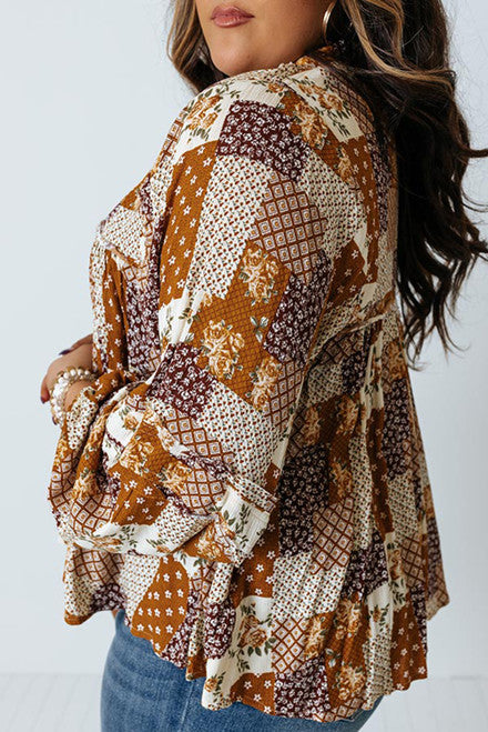 Apricot Turn-Down Neck Mixed Print Plus Size Top