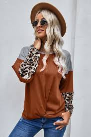 Leopard long sleeve waffle knit orange blouse with twist knot