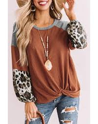Leopard long sleeve waffle knit orange blouse with twist knot