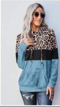 Turquoise and Leopard Long Sleeve Hoodie