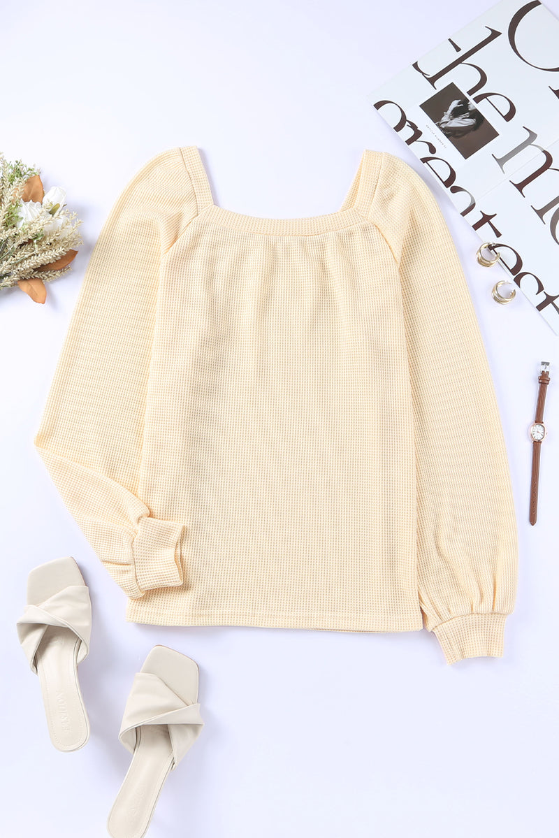Scoop Neck Puff Sleeve Waffle Knit Top