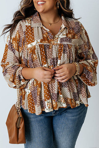 Apricot Turn-Down Neck Mixed Print Plus Size Top