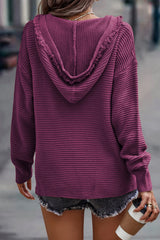 V Neck Ribbed Drop Shoulder Hooded Sweater