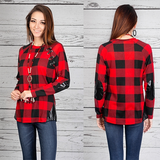 Buffalo Plaid Top with Elbow Patches and Buckle