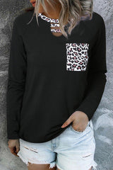 Black Black Leopard Patch Pocket Long Sleeve Top