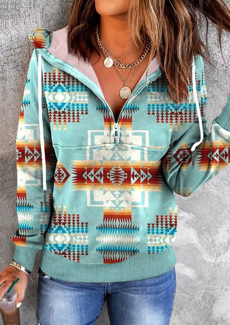 Sky Blue Aztec Geometric Drawstring Zipper Hoodie