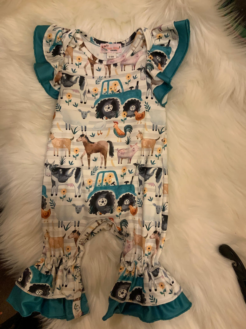 Teal Tractor Baby Romper